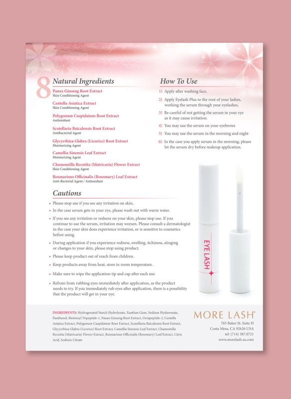 Eyelash Plus eyelash serum informational flyer featuring ingredient list, usage instructions, product photography, and soft Japanese-inspired design elements