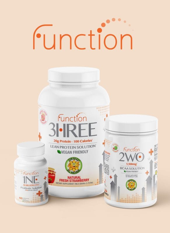 Supplement packaging design for Function Supplements featuring probiotic, BCAA, and vegan protein products with cohesive orange and gray branding