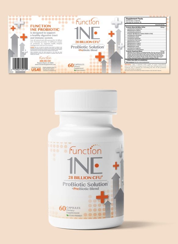 Function 1NE probiotic supplement bottle and label design featuring circular dot patterns, orange accents, and modern wellness branding