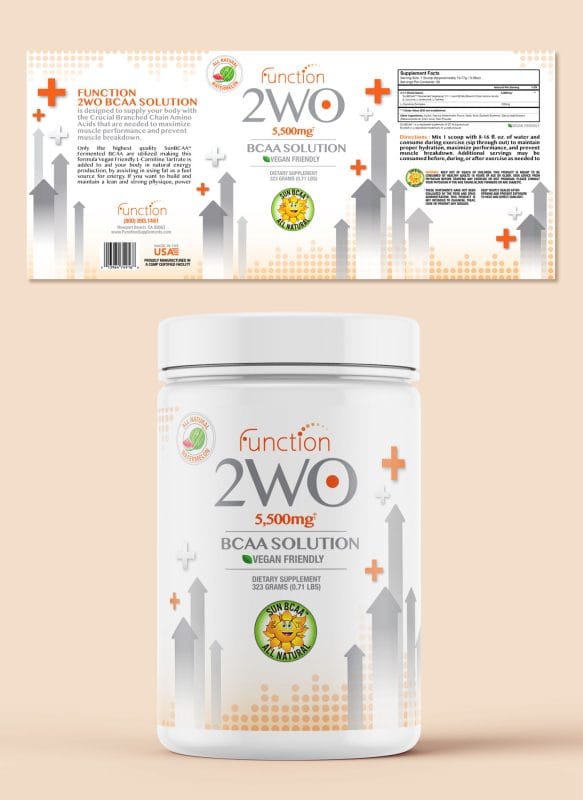 Function 2WO vegan BCAA supplement packaging design featuring gray arrow graphics, orange highlights, and clean modern supplement branding