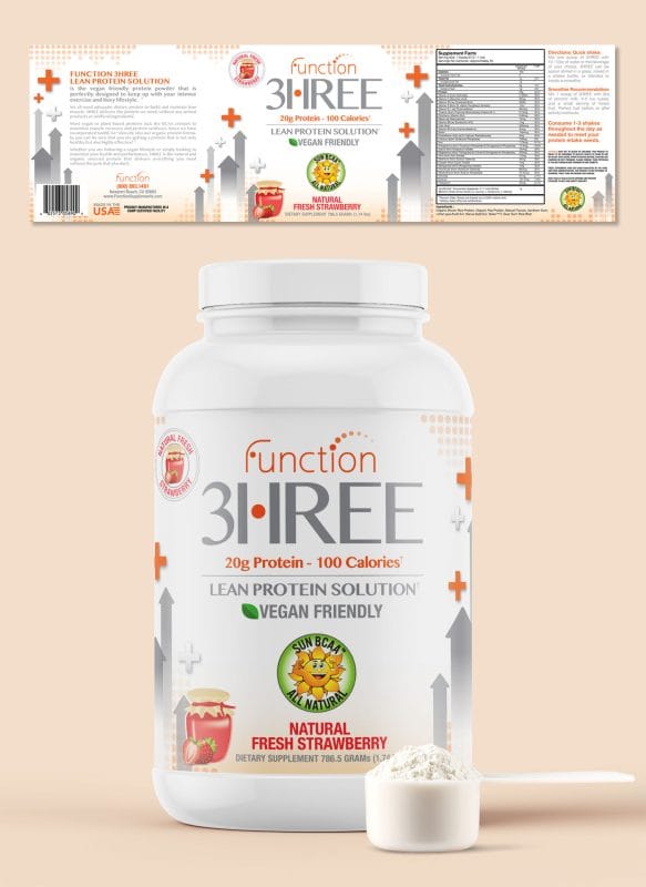 Function 3HREE vegan protein powder packaging design featuring strawberry flavor graphics, circular branding elements, and minimalist supplement design