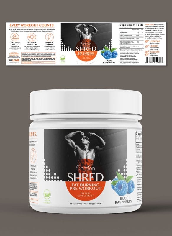 Function SHRED pre-workout supplement packaging design featuring bold typography, circular graphic elements, fitness imagery, and blue raspberry flavor accents