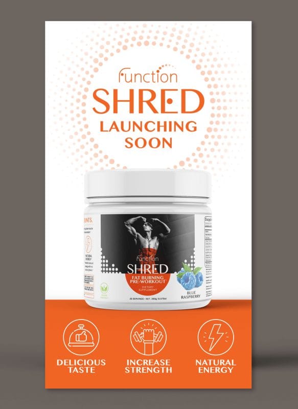 Promotional poster design for Function SHRED pre-workout supplement featuring clean circular patterns, bold orange branding, and product launch graphics