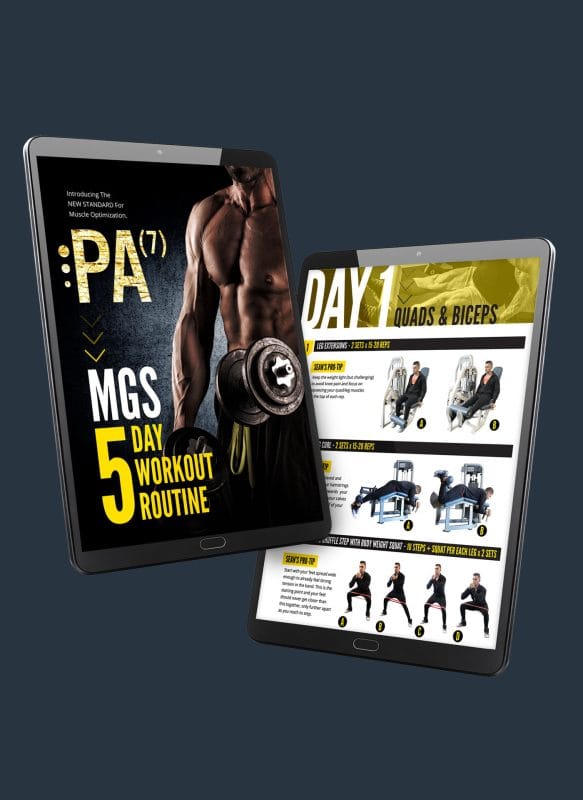 PA7 MGS 5-day workout routine PDF shown on tablets with a bold cover and Day 1 quads and biceps exercise layout