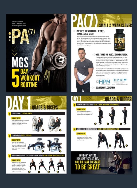 PA7 MGS workout guide pages showing the supplement intro, Day 1 quads and biceps exercises, sets, reps, and pro tips