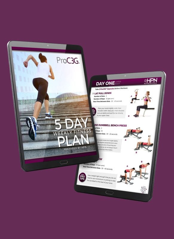 Tablet mockup displaying a ProC3G 5-day weekly fitness plan guide, featuring a runner on stairs and structured workout layouts with exercise visuals