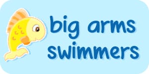 Big Arms Swimmers logo icon featuring a cute cartoon fish with playful blue lettering on a rectangle light background
