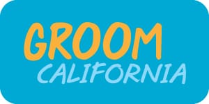 Groom California wordmark logo in orange and blue on a rectangular turquoise background, simple branding for pet grooming business in California.