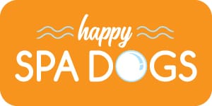 Happy Spa Dogs logo in white typography on a rectangular orange background