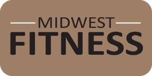 Midwest Fitness wordmark logo in bold black typography on rectangular tan background.