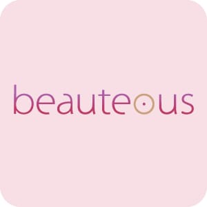 Beauteous logo in soft pink and gold typography on a light square blush background.