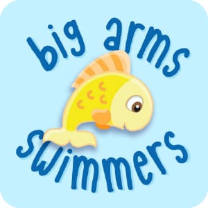 Big Arms Swimmers logo icon featuring a cute cartoon fish with playful blue lettering on a light background