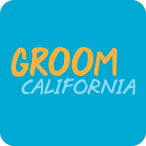 Groom California wordmark logo in orange and blue on a square turquoise background, simple branding for pet grooming business in California.