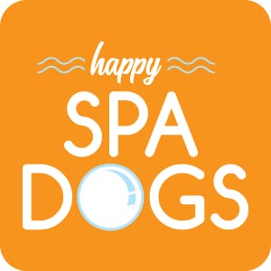Happy Spa Dogs logo in white typography on square orange background