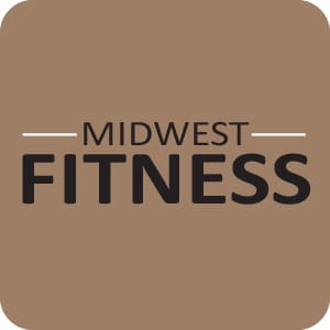 Midwest Fitness wordmark logo in bold black typography on square tan background.