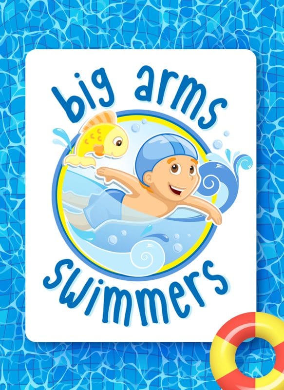 Big Arms Swimmers illustrated logo featuring a young boy swimming with a fish friend in a playful children’s swim school design with a pool background