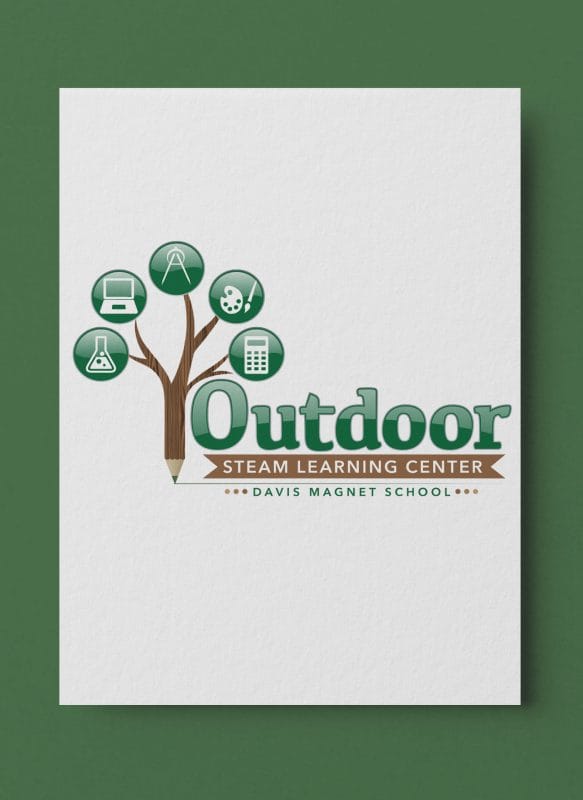 Illustrated logo design for Davis Magnet School Outdoor STEAM Learning Center featuring a tree made of STEM and art education icons