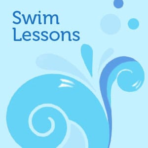 Blue and aqua swim lesson graphic featuring playful wave illustrations and clean typography for children’s swimming class branding