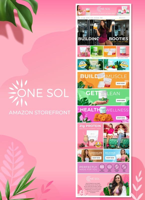 Main Amazon storefront design for ONE SOL supplements featuring playful pink branding, tropical botanical elements, lifestyle imagery, wellness products, and colorful category banners for fitness and nutrition supplements