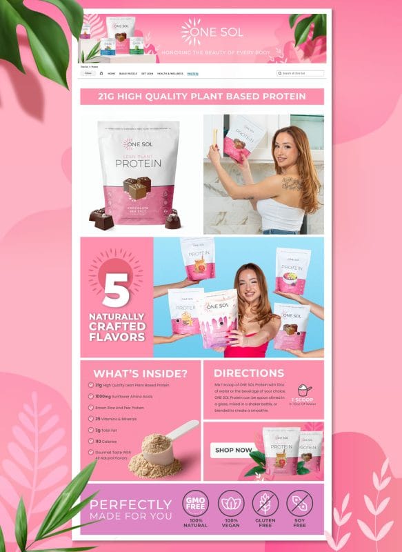 Amazon storefront page for ONE SOL plant protein supplements featuring pastel pink layouts, female lifestyle photography, flavor showcases, nutritional highlights, and clean wellness-focused branding