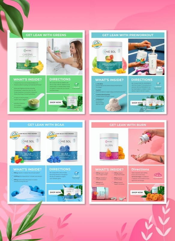 Collection of colorful Amazon storefront category pages for ONE SOL supplements including greens, pre-workout, BCAA, and fat burner products with vibrant layouts and lifestyle imagery