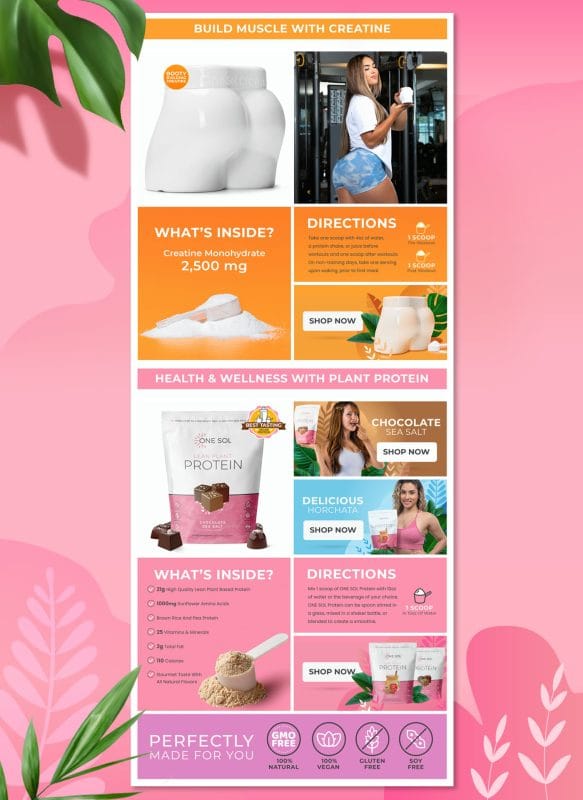 Amazon storefront page for ONE SOL creatine and protein supplements featuring bold orange and pink layouts, female fitness imagery, botanical accents, and clean nutritional callouts