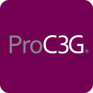 ProC3G logo in white and gray on a large deep magenta background