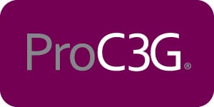 ProC3G logo in white and gray on a small deep magenta background