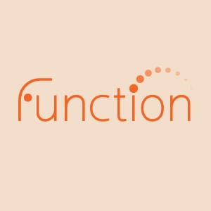 Minimal orange Function Supplements logo featuring circular dot elements and modern typography on a neutral beige background