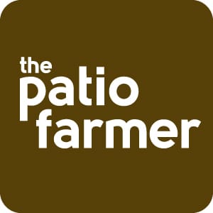“Minimal square icon logo for The Patio Farmer featuring bold white typography on a brown background for social media, branding, and app use.