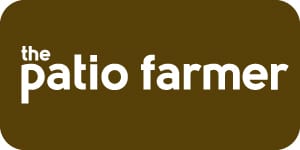 Horizontal logo icon for The Patio Farmer with clean white typography on a brown background designed for website headers and branding applications.