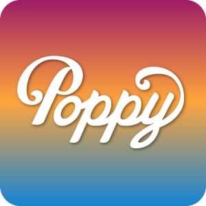 Squre rainbow gradient logo banner featuring the white handwritten “Poppy” script logo.