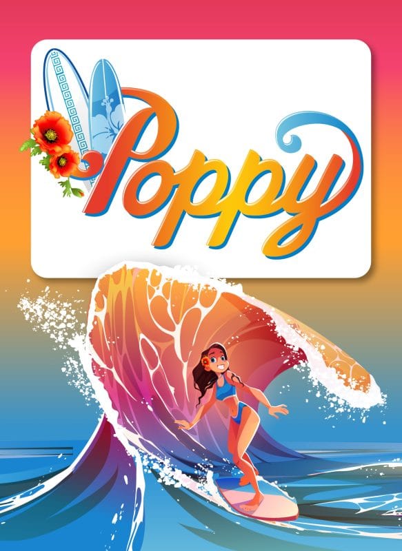 Colorful Poppy surf-inspired logo design featuring surfboards, tropical flowers, and an illustrated surfer riding a vibrant wave at sunset.