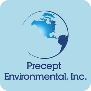 Large Precept Environmental Inc. logo featuring a stylized globe icon with clean blue typography on a light blue background
