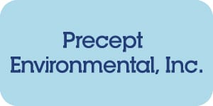 Small Precept Environmental Inc. logo featuring a stylized globe icon with clean blue typography on a light blue background