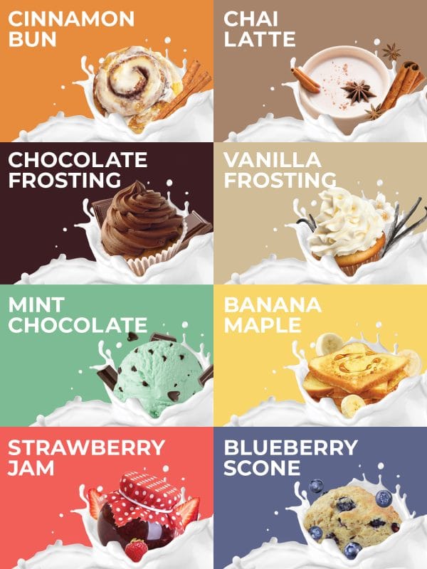 HPN ProZero vegan protein flavor collection graphic featuring cinnamon bun, chai latte, chocolate frosting, vanilla frosting, mint chocolate, banana maple, strawberry jam, and blueberry scone