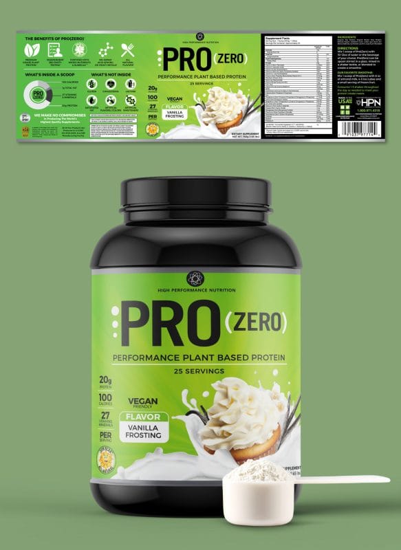 HPN ProZero vegan protein packaging design featuring vanilla frosting flavor supplement bottle, custom nutrition label, and plant-based protein branding