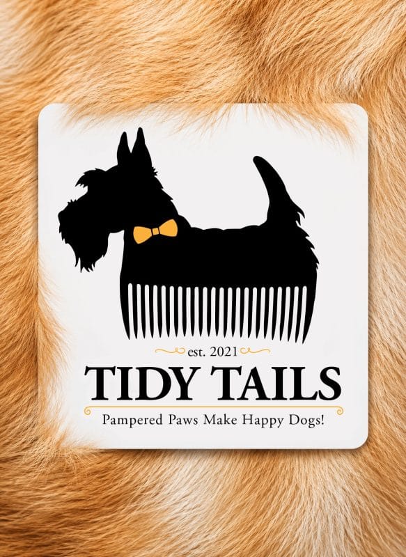 Tidy Tails dog grooming logo displayed on a white card over soft golden dog fur, featuring a dog silhouette shaped like a grooming comb with a yellow bow tie.
