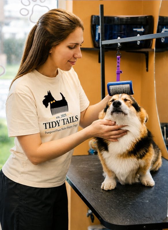 Dog groomer wearing a Tidy Tails branded T-shirt while grooming a relaxed corgi in a warm orange-toned pet salon.