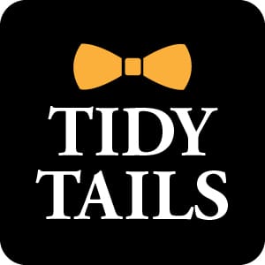 Minimal Tidy Tails logo icon featuring a yellow bow tie above elegant white serif typography on a black background.