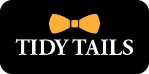 Horizontal Tidy Tails logo with white serif typography and yellow bow tie on a black rounded rectangle background.