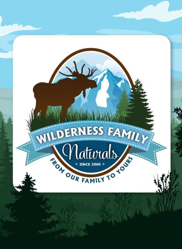 Wilderness Family Naturals logo displayed over an illustrated forest landscape with mountains, pine trees, and wilderness-inspired outdoor branding.