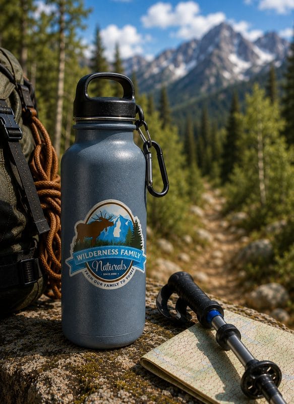Wilderness Family Naturals logo sticker displayed on a blue-gray hiking water bottle surrounded by outdoor gear on a mountain trail.