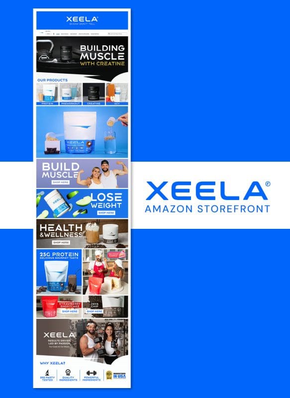 Full Xeela Amazon storefront homepage design featuring supplement categories, promotional banners, product photography, lifestyle imagery, bundle offers, and navigation links to additional storefront pages