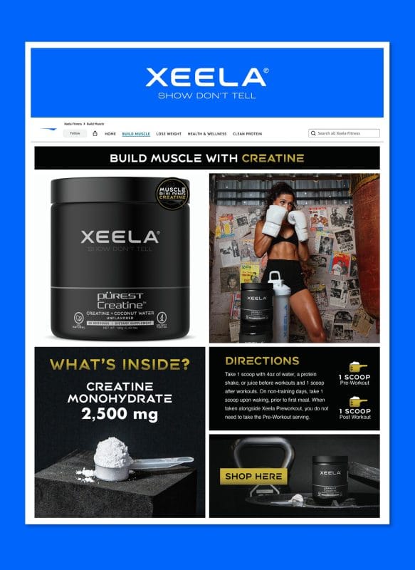 Amazon storefront page for Xeela creatine supplements featuring black and gold branding, workout lifestyle photography, ingredient highlights, usage directions, and muscle-building promotional graphics