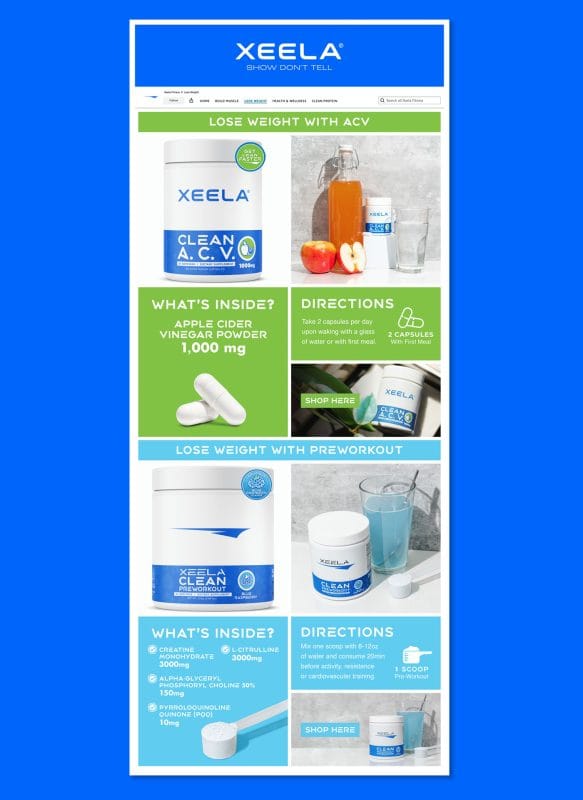 Amazon storefront page for Xeela weight loss supplements featuring apple cider vinegar capsules and pre-workout products with clean blue and green layouts, ingredient callouts, and lifestyle photography