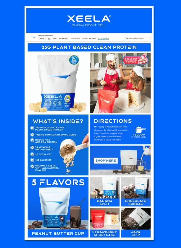 Amazon storefront page for Xeela plant-based protein powders featuring flavor variations, nutrition highlights, recipe-inspired photography, and bold blue promotional layouts