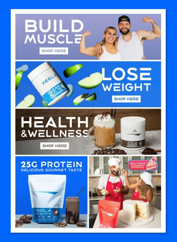 Xeela Amazon storefront category banners featuring muscle building, weight loss, health and wellness, and protein supplements with lifestyle photography and bold blue branding