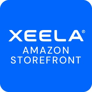 Minimal blue and white logo design for Xeela Amazon Storefront featuring clean modern typography on a bright large blue background