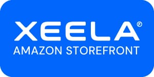 Minimal blue and white logo design for Xeela Amazon Storefront featuring clean modern typography on a bright small blue background